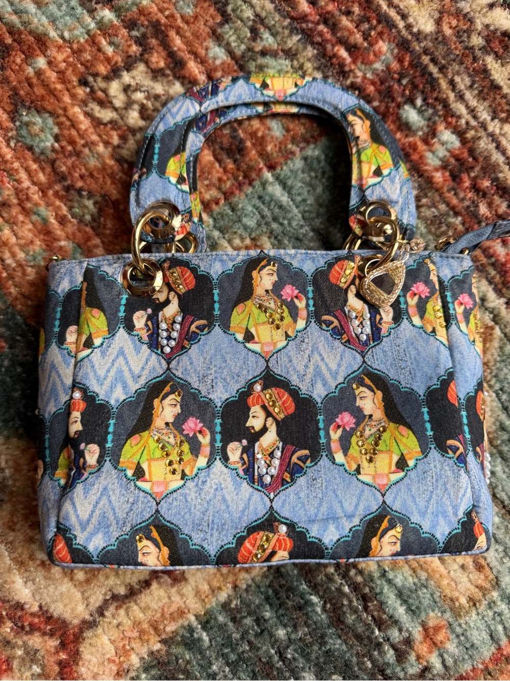 Blue Patterned Mini Top-Handle Bag with Portrait Motif